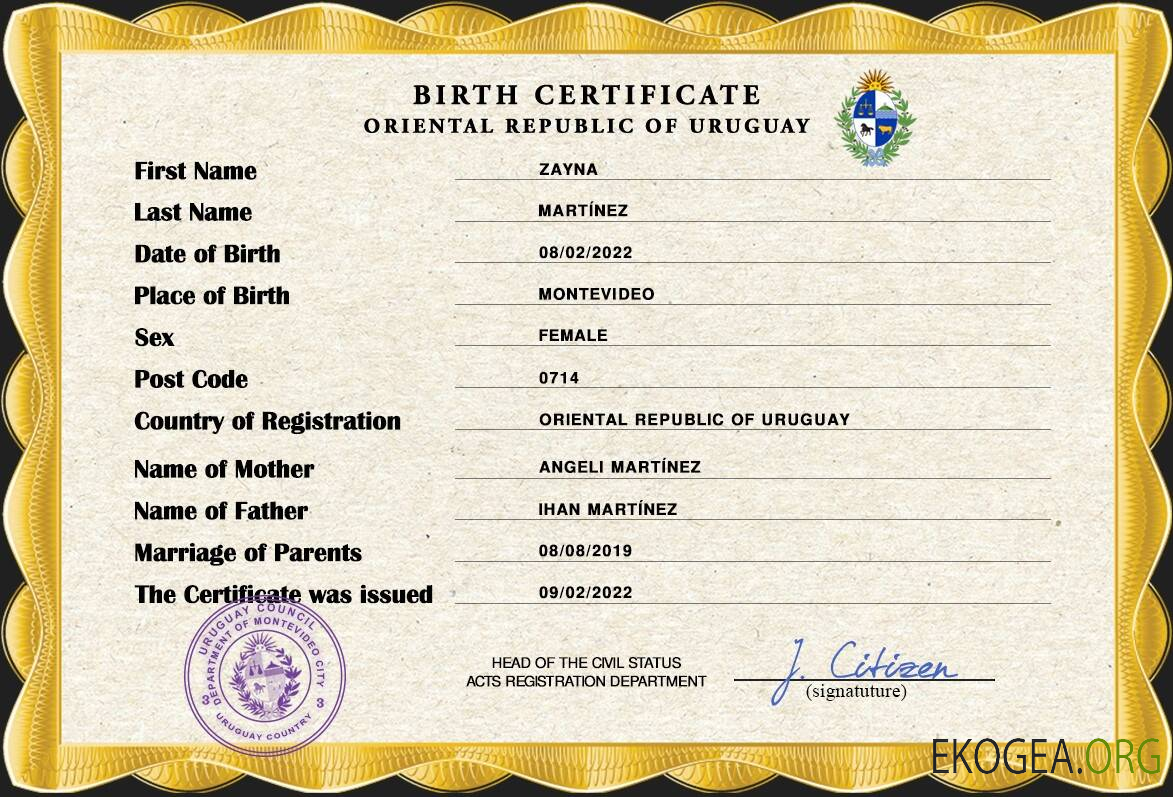 Modèle PSD de certificat de naissance de l'état civil de l'Uruguay